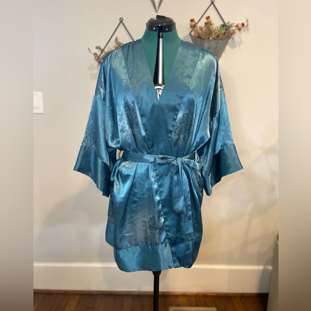 Vintage Victoria's Secret Gold Label Blue Satin Kimono Robe